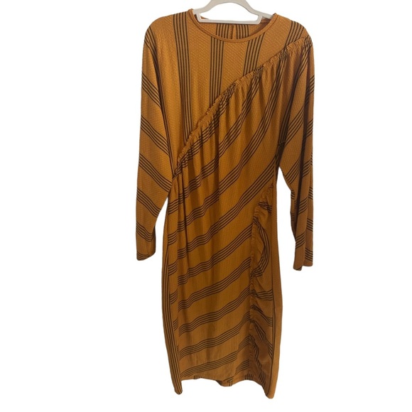 Zara collection Yellow Mustard Black Dress Midi Ruffled Ruched Dress L large - Picture 8 of 11